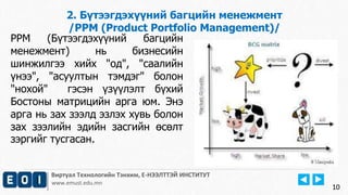 10
Виртуал Технологийн Тэнхим, Е-НЭЭЛТТЭЙ ИНСТИТУТ
www.emust.edu.mn
2. Бүтээгдэхүүний багцийн менежмент
/PPM (Product Portfolio Management)/
PPM (Бүтээгдэхүүний багцийн
менежмент) нь бизнесийн
шинжилгээ хийх "од", "саалийн
үнээ", "асуултын тэмдэг" болон
"нохой" гэсэн үзүүлэлт бүхий
Бостоны матрицийн арга юм. Энэ
арга нь зах зээлд эзлэх хувь болон
зах зээлийн эдийн засгийн өсөлт
зэргийг тусгасан.
10
 