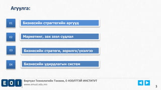 Виртуал Технологийн Тэнхим, Е-НЭЭЛТТЭЙ ИНСТИТУТ
www.emust.edu.mn
Агуулга:
01
02
01 Бизнесийн страгтегийн аргууд
Маркетинг, зах зээл судлал02
Бизнесийн стратеги, зорилго/үнэлгээ03
3
Бизнесийн удирдлагын систем04
 
