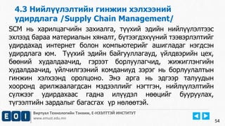 Виртуал Технологийн Тэнхим, Е-НЭЭЛТТЭЙ ИНСТИТУТ
www.emust.edu.mn
4.3 Нийлүүлэлтийн гинжин хэлхээний
удирдлага /Supply Chain Management/
54
SCM нь харилцагчийн захиалга, түүхий эдийн нийлүүлэлтээс
эхлээд бараа материалын хяналт, бүтээгдэхүүний тээвэрлэлтийг
удирдахад интернет болон компьютерийг ашигладаг нэгдсэн
удирдлага юм. Түүхий эдийн байгууллагауд, үйлдвэрийн цех,
бөөний худалдаачид, гэрээт борлуулагчид, жижиглэнгийн
худалдаачид, үйлчилгээний комданиуд зэрэг нь борлуулалтын
гинжин хэлхээнд оролцоно. Энэ арга нь эдгээр талуудын
хооронд арилжаалагдсан мэдээллийг нэгтгэн, нийлүүлэлтийн
сүлжээг удирдахаас гадна илүүдэл нөөцийг бууруулах,
түгээлтийн зардалыг багасгах үр нөлөөтэй.
 