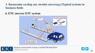 1. Бизнесийн салбар дах энгийн системүүд/Typical systems in 
business fields 
Виртуал Технологийн Тэнхим, Е-НЭЭЛТТЭЙ ИНСТИТУТ 
www.emust.edu.mn 
23 
6. ETC систем/ ETC system 
 