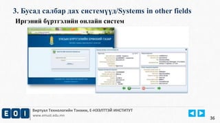3. Бусад салбар дах системүүд/Systems in other fields 
Виртуал Технологийн Тэнхим, Е-НЭЭЛТТЭЙ ИНСТИТУТ 
www.emust.edu.mn 
36 
Иргэний бүртгэлийн онлайн систем 
 