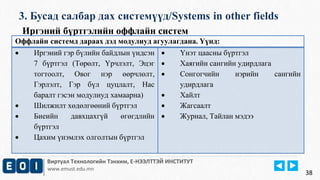 3. Бусад салбар дах системүүд/Systems in other fields 
Виртуал Технологийн Тэнхим, Е-НЭЭЛТТЭЙ ИНСТИТУТ 
www.emust.edu.mn 
38 
Иргэний бүртгэлийн оффлайн систем 
Оффлайн системд дараах дэд модулиуд агуулагдана. Үүнд: 
 Иргэний гэр бүлийн байдлын үндсэн 
7 бүртгэл (Төрөлт, Үрчлэлт, Эцэг 
тогтоолт, Овог нэр өөрчлөлт, 
Гэрлэлт, Гэр бүл цуцлалт, Нас 
баралт гэсэн модулиуд хамаарна) 
 Шилжилт хөдөлгөөний бүртгэл 
 Биеийн давхцахгүй өгөгдлийн 
бүртгэл 
 Цахим үнэмлэх олголтын бүртгэл 
 Үнэт цаасны бүртгэл 
 Хаягийн сангийн удирдлага 
 Сонгогчийн нэрийн сангийн 
удирдлага 
 Хайлт 
 Жагсаалт 
 Журнал, Тайлан мэдээ 
 