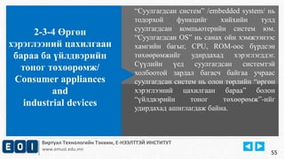 “Суулгагдсан систем” /embedded system/ нь 
тодорхой функцийг хийхийн тулд 
суулгагдсан компьютерийн систем юм. 
“Суулгагдсан OS” нь санах ойн хэмжээнээс 
хамгийн багыг, CPU, ROM-оос бүрдсэн 
төхөөрөмжийг удирдахад хэрэглэгддэг. 
Сүүлийн үед суулгагдсан системтэй 
холбоотой зардал багасч байгаа учраас 
суулгагдсан систем нь олон төрлийн “өргөн 
хэрэглээний цахилгаан бараа” болон 
“үйлдвэрийн тоног төхөөрөмж”-ийг 
удирдахад ашиглагдаж байна. 
2-3-4 Өргөн 
хэрэглээний цахилгаан 
бараа ба үйлдвэрийн 
тоног төхөөрөмж/ 
Consumer appliances 
and 
industrial devices 
Виртуал Технологийн Тэнхим, Е-НЭЭЛТТЭЙ ИНСТИТУТ 
www.emust.edu.mn 
55 
 