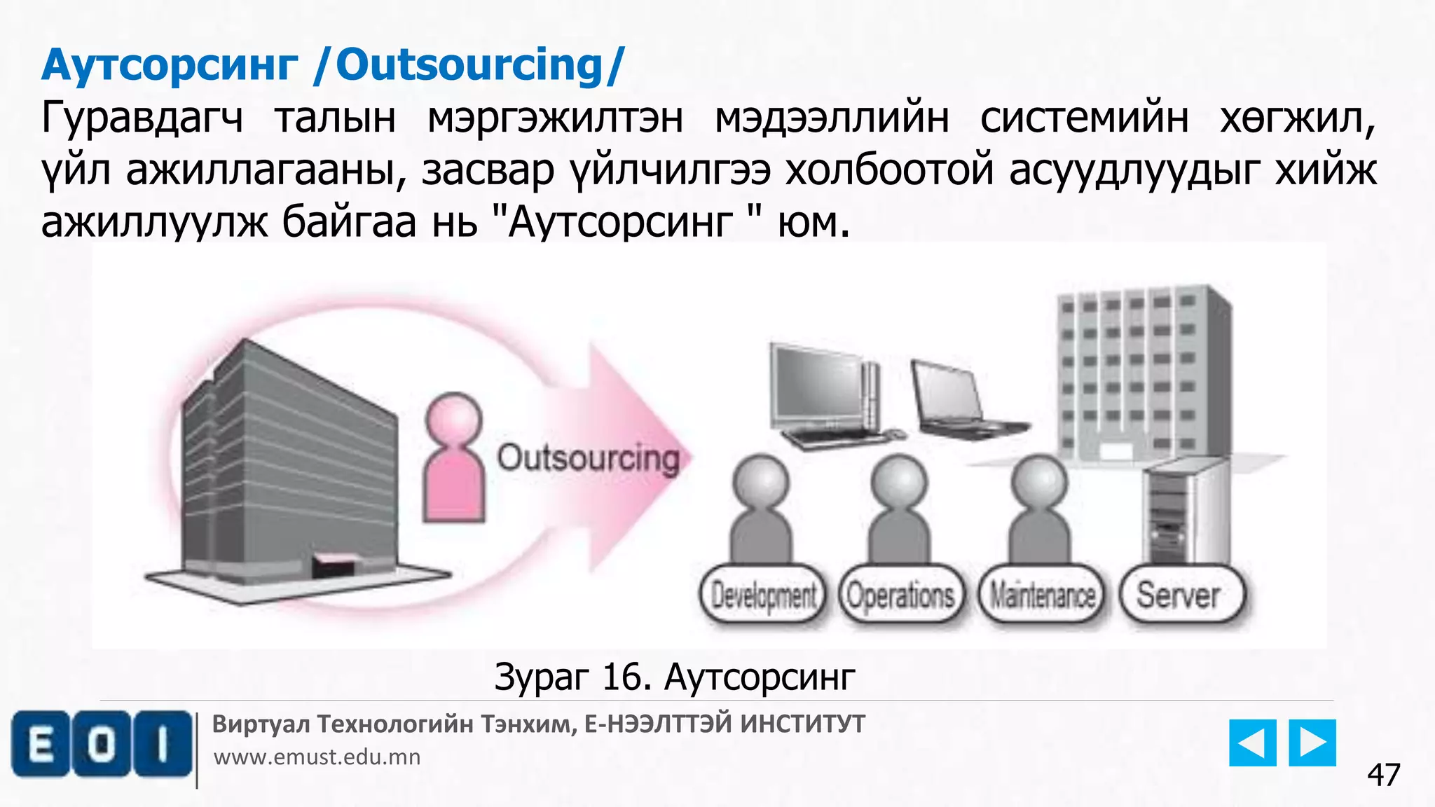 Виртуал Технологийн Тэнхим, Е-НЭЭЛТТЭЙ ИНСТИТУТ
www.emust.edu.mn
Аутсорсинг /Outsourcing/
Гуравдагч талын мэргэжилтэн мэдээллийн системийн хөгжил,
үйл ажиллагааны, засвар үйлчилгээ холбоотой асуудлуудыг хийж
ажиллуулж байгаа нь "Аутсорсинг " юм.
47
Зураг 16. Аутсорсинг
 