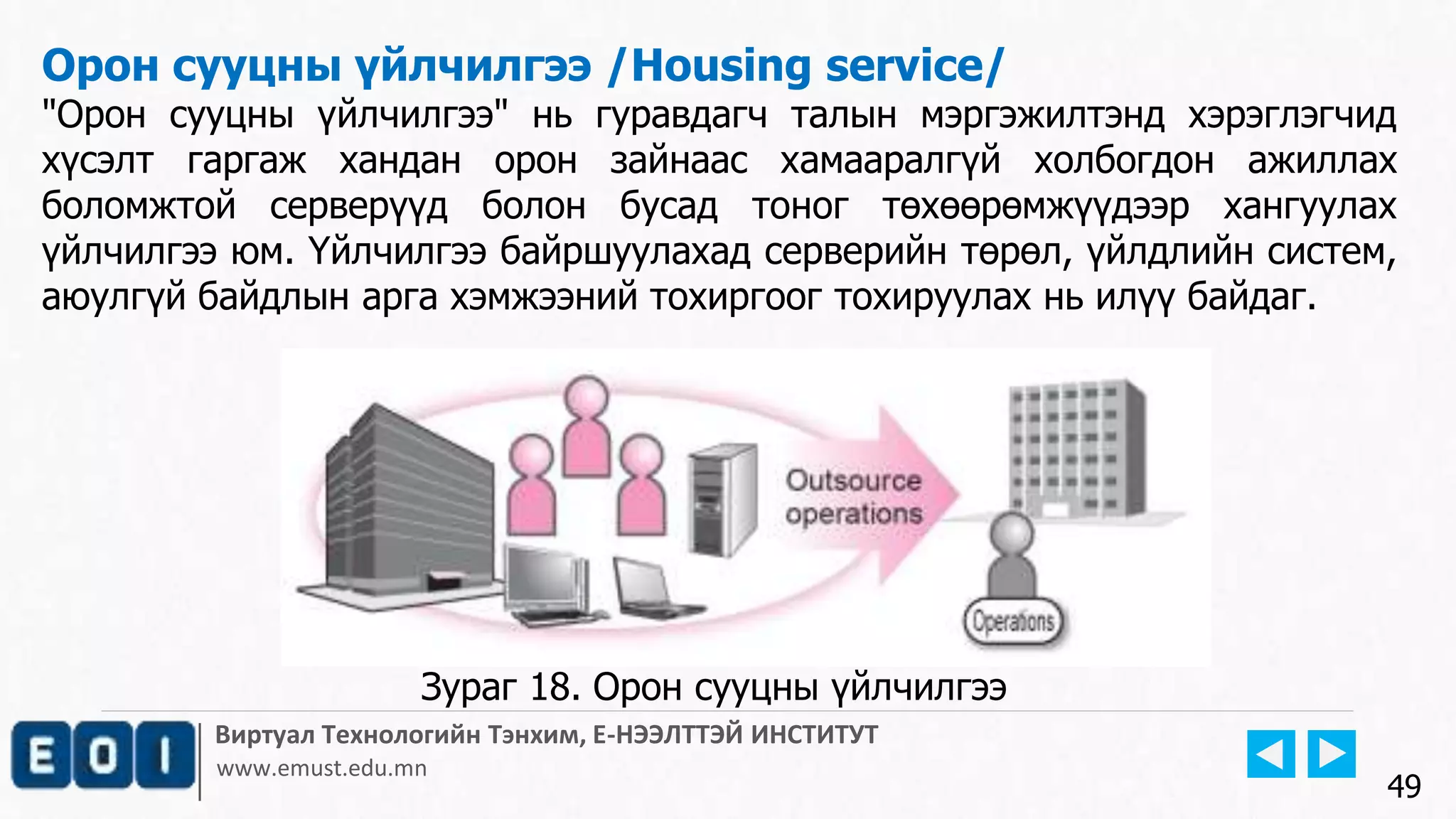 Виртуал Технологийн Тэнхим, Е-НЭЭЛТТЭЙ ИНСТИТУТ
www.emust.edu.mn
Орон сууцны үйлчилгээ /Housing service/
"Орон сууцны үйлчилгээ" нь гуравдагч талын мэргэжилтэнд хэрэглэгчид
хүсэлт гаргаж хандан орон зайнаас хамааралгүй холбогдон ажиллах
боломжтой серверүүд болон бусад тоног төхөөрөмжүүдээр хангуулах
үйлчилгээ юм. Үйлчилгээ байршуулахад серверийн төрөл, үйлдлийн систем,
аюулгүй байдлын арга хэмжээний тохиргоог тохируулах нь илүү байдаг.
49
Зураг 18. Орон сууцны үйлчилгээ
 