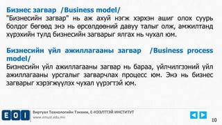 Виртуал Технологийн Тэнхим, Е-НЭЭЛТТЭЙ ИНСТИТУТ
www.emust.edu.mn
Бизнес загвар /Business model/
"Бизнесийн загвар" нь аж ахуй нэгж хэрхэн ашиг олох суурь
болдог бөгөөд энэ нь өрсөлдөөний давуу талыг олж, амжилтанд
хүрэхийн тулд бизнесийн загварыг ялгах нь чухал юм.
Бизнесийн үйл ажиллагааны загвар /Business process
model/
Бизнесийн үйл ажиллагааны загвар нь бараа, үйлчилгээний үйл
ажиллагааны урсгалыг загварчлах процесс юм. Энэ нь бизнес
загварыг хэрэгжүүлэх чухал үүрэгтэй юм.
10
 