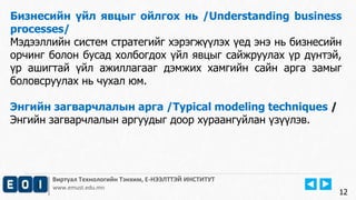 Виртуал Технологийн Тэнхим, Е-НЭЭЛТТЭЙ ИНСТИТУТ
www.emust.edu.mn
Бизнесийн үйл явцыг ойлгох нь /Understanding business
processes/
Мэдээллийн систем стратегийг хэрэгжүүлэх үед энэ нь бизнесийн
орчинг болон бусад холбогдох үйл явцыг сайжруулах үр дүнтэй,
үр ашигтай үйл ажиллагааг дэмжих хамгийн сайн арга замыг
боловсруулах нь чухал юм.
Энгийн загварчлалын арга /Typical modeling techniques /
Энгийн загварчлалын аргуудыг доор хураангуйлан үзүүлэв.
12
 