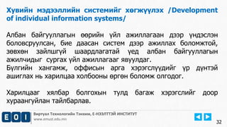 Виртуал Технологийн Тэнхим, Е-НЭЭЛТТЭЙ ИНСТИТУТ
www.emust.edu.mn
Хувийн мэдээллийн системийг хөгжүүлэх /Development
of individual information systems/
Албан байгууллагын өөрийн үйл ажиллагаан дээр үндэслэн
боловсруулсан, бие даасан систем дээр ажиллах боломжтой,
зөвхөн зайлшгүй шаардлагатай үед албан байгууллагын
ажилчидыг сургах үйл ажиллагааг явуулдаг.
Бүлгийн хангамж, оффисын арга хэрэгслүүдийг үр дүнтэй
ашиглах нь харилцаа холбооны өргөн боломж олгодог.
Харилцааг хялбар болгохын тулд багаж хэрэгслийг доор
хураангуйлан тайлбарлав.
32
 