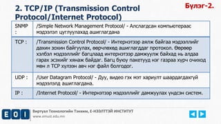 2. TCP/IP (Transmission Control 
Protocol/Internet Protocol) 
Виртуал Технологийн Тэнхим, Е-НЭЭЛТТЭЙ ИНСТИТУТ 
www.emust.edu.mn 
Бүлэг-2. 
SNMP 
: 
/Simple Network Management Protocol/ - Алслагдсан компьютераас 
мэдээлэл цуглуулахад ашиглагдана 
TCP : /Transmission Control Protocol/ - Интернэтээр аялж байгаа мэдээллийг 
дахин зохин байгуулах, өөрчлөхөд ашиглагддаг протокол. Өөрөөр 
хэлбэл мэдээллийг багцлаад интернэтээр дамжуулж байхад нь алдаа 
гарах эсэхийг хянаж байдаг. Багц буюу пакетууд нэг газраа хүрч очиход 
мөн л TCP хүлээн авч нэг файл болгодог. 
UDP : /User Datagram Protocol/ - Дуу, видео гэх мэт хариулт шаардагдахгүй 
мэдээлэлд ашиглагдана. 
IP : /Internet Protocol/ - Интернэтээр мэдээллийг дамжуулах үндсэн систем. 
 