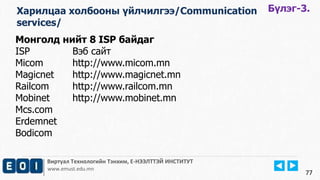 Монголд нийт 8 ISP байдаг 
ISP Вэб сайт 
Micom http://www.micom.mn 
Magicnet http://www.magicnet.mn 
Railcom http://www.railcom.mn 
Mobinet http://www.mobinet.mn 
Mcs.com 
Erdemnet 
Bodicom 
Виртуал Технологийн Тэнхим, Е-НЭЭЛТТЭЙ ИНСТИТУТ 
www.emust.edu.mn 
77 
Харилцаа холбооны үйлчилгээ/Communication 
services/ 
Бүлэг-3. 
 