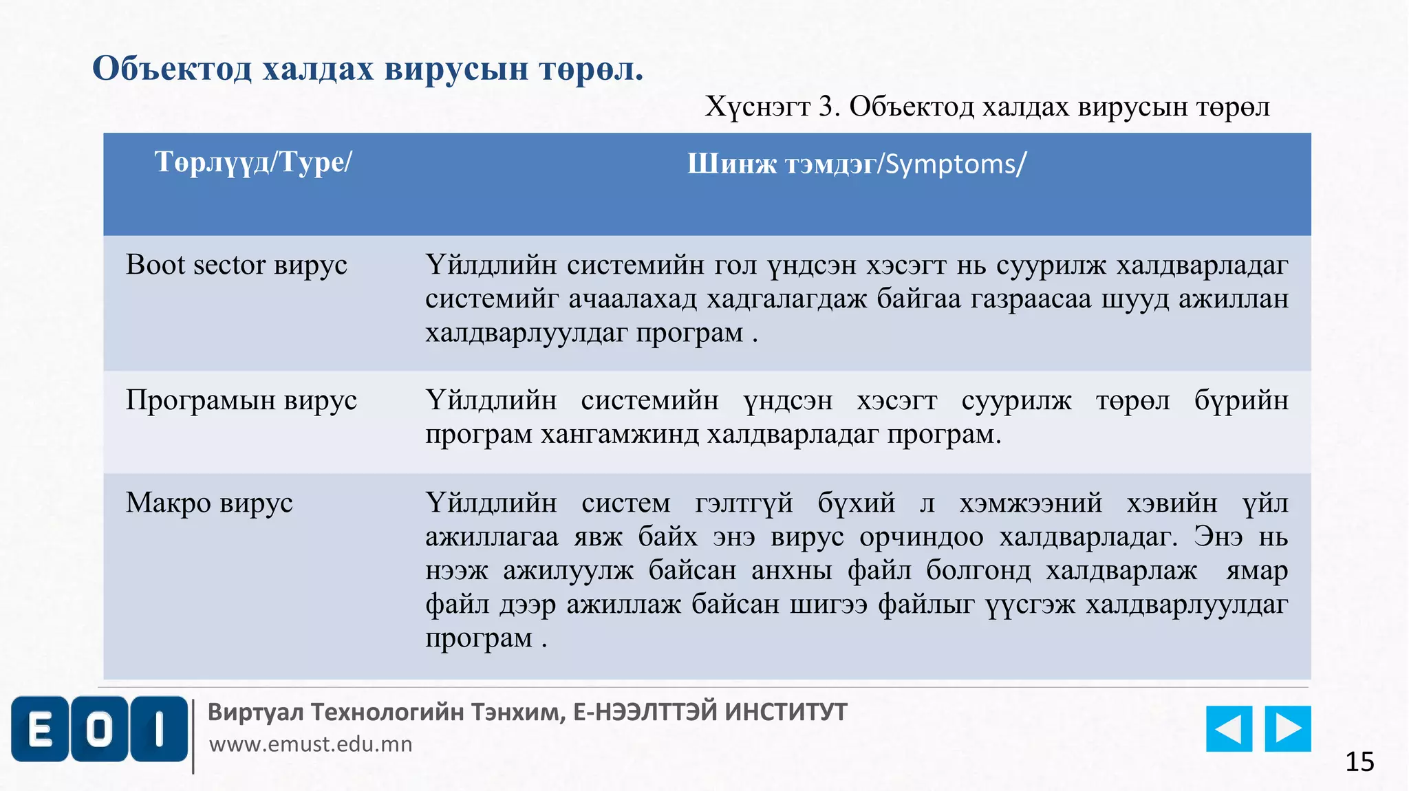 Объектод халдах вирусын төрөл. 
Хүснэгт 3. Объектод халдах вирусын төрөл 
Төрлүүд/Type/ Шинж тэмдэг/Symptoms/ 
Boot sector вирус Үйлдлийн системийн гол үндсэн хэсэгт нь суурилж халдварладаг 
системийг ачаалахад хадгалагдаж байгаа газраасаа шууд ажиллан 
халдварлуулдаг програм . 
Програмын вирус Үйлдлийн системийн үндсэн хэсэгт суурилж төрөл бүрийн 
програм хангамжинд халдварладаг програм. 
Макро вирус Үйлдлийн систем гэлтгүй бүхий л хэмжээний хэвийн үйл 
ажиллагаа явж байх энэ вирус орчиндоо халдварладаг. Энэ нь 
нээж ажилуулж байсан анхны файл болгонд халдварлаж ямар 
файл дээр ажиллаж байсан шигээ файлыг үүсгэж халдварлуулдаг 
програм . 
Виртуал Технологийн Тэнхим, Е-НЭЭЛТТЭЙ ИНСТИТУТ 
www.emust.edu.mn 
15 
 
