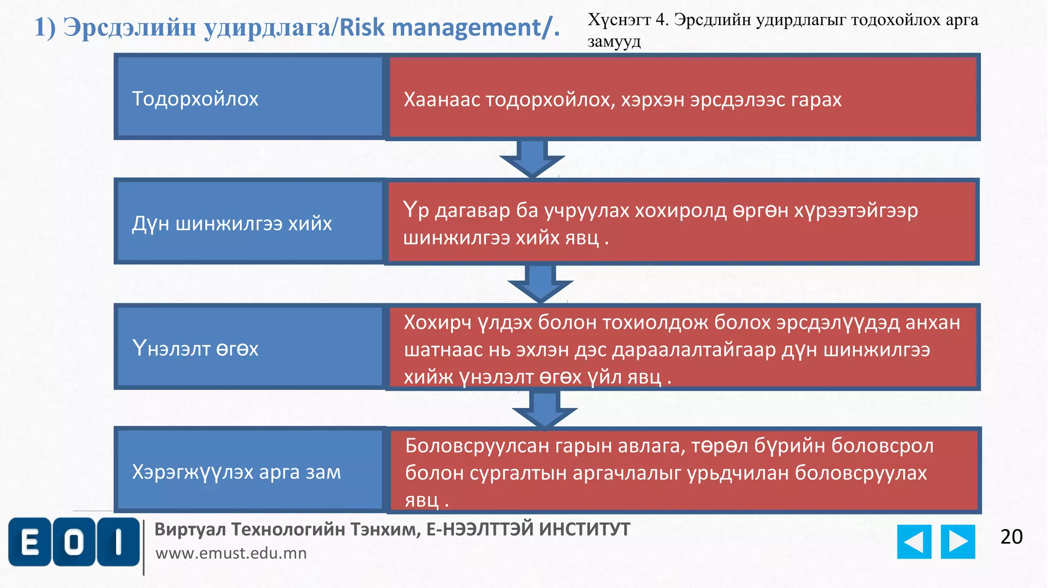 1) Эрсдэлийн удирдлага/Risk management/. 
Тодорхойлох 
Дүн шинжилгээ хийх 
Үнэлэлт өгөх 
Хэрэгжүүлэх арга зам 
Хаанаас тодорхойлох, хэрхэн эрсдэлээс гарах 
Үр дагавар ба учруулах хохиролд өргөн хүрээтэйгээр 
шинжилгээ хийх явц . 
Хохирч үлдэх болон тохиолдож болох эрсдэлүүдэд анхан 
шатнаас нь эхлэн дэс дараалалтайгаар дүн шинжилгээ 
хийж үнэлэлт өгөх үйл явц . 
Боловсруулсан гарын авлага, төрөл бүрийн боловсрол 
болон сургалтын аргачлалыг урьдчилан боловсруулах 
явц . 
Виртуал Технологийн Тэнхим, Е-НЭЭЛТТЭЙ ИНСТИТУТ 
www.emust.edu.mn 
20 
Хүснэгт 4. Эрсдлийн удирдлагыг тодохойлох арга 
замууд 
 