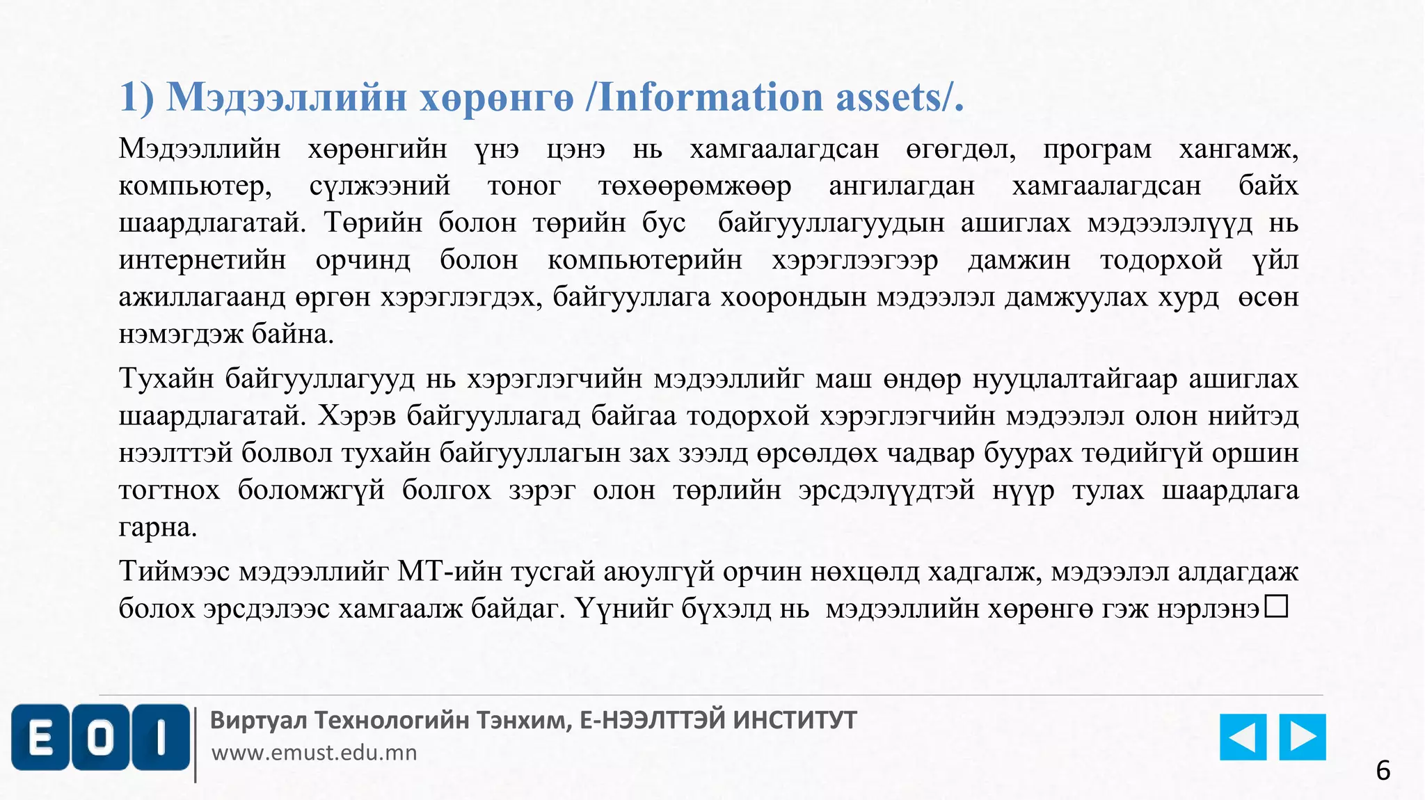 1) Мэдээллийн хөрөнгө /Information assets/. 
Мэдээллийн хөрөнгийн үнэ цэнэ нь хамгаалагдсан өгөгдөл, програм хангамж, 
компьютер, сүлжээний тоног төхөөрөмжөөр ангилагдан хамгаалагдсан байх 
шаардлагатай. Төрийн болон төрийн бус байгууллагуудын ашиглах мэдээлэлүүд нь 
интернетийн орчинд болон компьютерийн хэрэглээгээр дамжин тодорхой үйл 
ажиллагаанд өргөн хэрэглэгдэх, байгууллага хоорондын мэдээлэл дамжуулах хурд өсөн 
нэмэгдэж байна. 
Тухайн байгууллагууд нь хэрэглэгчийн мэдээллийг маш өндөр нууцлалтайгаар ашиглах 
шаардлагатай. Хэрэв байгууллагад байгаа тодорхой хэрэглэгчийн мэдээлэл олон нийтэд 
нээлттэй болвол тухайн байгууллагын зах зээлд өрсөлдөх чадвар буурах төдийгүй оршин 
тогтнох боломжгүй болгох зэрэг олон төрлийн эрсдэлүүдтэй нүүр тулах шаардлага 
гарна. 
Тиймээс мэдээллийг МТ-ийн тусгай аюулгүй орчин нөхцөлд хадгалж, мэдээлэл алдагдаж 
болох эрсдэлээс хамгаалж байдаг. Үүнийг бүхэлд нь мэдээллийн хөрөнгө гэж нэрлэнэ 
Виртуал Технологийн Тэнхим, Е-НЭЭЛТТЭЙ ИНСТИТУТ 
www.emust.edu.mn 
6 
 