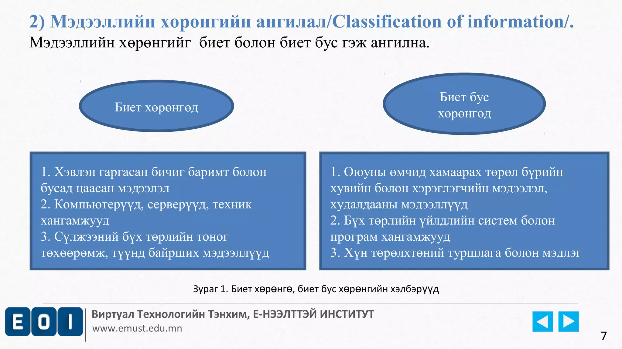 2) Мэдээллийн хөрөнгийн ангилал/Classification of information/. 
Мэдээллийн хөрөнгийг биет болон биет бус гэж ангилна. 
Биет хөрөнгөд 
Виртуал Технологийн Тэнхим, Е-НЭЭЛТТЭЙ ИНСТИТУТ 
www.emust.edu.mn 
Биет бус 
хөрөнгөд 
1. Хэвлэн гаргасан бичиг баримт болон 
бусад цаасан мэдээлэл 
2. Компьютерүүд, серверүүд, техник 
хангамжууд 
3. Сүлжээний бүх төрлийн тоног 
төхөөрөмж, түүнд байрших мэдээллүүд 
1. Оюуны өмчид хамаарах төрөл бүрийн 
хувийн болон хэрэглэгчийн мэдээлэл, 
худалдааны мэдээллүүд 
2. Бүх төрлийн үйлдлийн систем болон 
програм хангамжууд 
3. Хүн төрөлхтөний туршлага болон мэдлэг 
7 
Зураг 1. Биет х р нг , биет ө ө ө бус хөрөнгийн хэлбэрүүд 
 