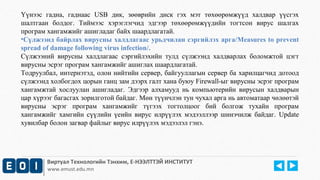 Үүнээс гадна, гаднаас USB дик, зөөврийн диск гэх мэт төхөөрөмжүүд халдвар үүсгэх 
шалтгаан болдог. Тиймээс хэрэглэгчид эдгээр төхөөрөмжүүдийн тогтсон вирус шалгах 
програм хангамжийг ашигладаг байх шаардлагатай. 
•Сүлжээнд байрлах вирусны халдлагаас урьдчилан сэргийлэх арга/Measures to prevent 
spread of damage following virus infection/. 
Сүлжээний вирусны халдлагаас сэргийлэхийн тулд сүлжээнд халдварлах боломжтой цэгт 
вирусны эсрэг програм хангамжийг ашиглах шаардлагатай. 
Тодруулбал, интернэтэд, олон нийтийн сервер, байгууллагын сервер ба харилцагчид дотоод 
сүлжээнд холбогдох цорын ганц зам дээрх галт хана буюу Firewall-ыг вирусны эсрэг програм 
хангамжтай хослуулан ашигладаг. Эдгээр алхамууд нь компьютерийн вирусын халдварын 
цар хүрээг багасгах зорилготой байдаг. Мөн түүнчлэн тун чухал арга нь автоматаар чөлөөтэй 
вирусны эсрэг програм хангамжийг түгээх тогтолцоог бий болгож тухайн програм 
хангамжийг хамгийн сүүлийн үеийн вирус илрүүлэх мэдээллээр шинэчилж байдаг. Update 
хувилбар болон загвар файлыг вирус илрүүлэх мэдээлэл гэнэ. 
Виртуал Технологийн Тэнхим, Е-НЭЭЛТТЭЙ ИНСТИТУТ 
www.emust.edu.mn 
 