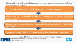 Криптограф түлхүүрийг доорх байдлаар илгээгч, хүлээн авагч болон харилцан холбогдох 
шинж чанараар нь үзүүллээ. 
Илгээгч нь нийтлэг түлхүүрийг ашиглан текстийг шифрлэдэг. 
Илгээгч нь хүлээн авагчийн ашигладаг шифрлэн явуулсан түлхүүрээр 
дамжуулдаг. 
Хүлээн авагч нь өөрийн нууц түлхүүрийг ашиглан нийтлэг түлхүүрийг 
хөрвүүлдэг. 
Хүлээн авагч нийтийн түлхүүр ашиглан шифр бичвэрийг хөрвүүлдэг. 
Зураг 19. Илгээгч, х лээн ү авагчийн шинж чанарын бүдүүвч 
Виртуал Технологийн Тэнхим, Е-НЭЭЛТТЭЙ ИНСТИТУТ 
www.emust.edu.mn 
 