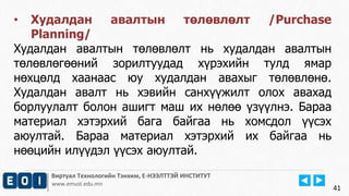 Виртуал Технологийн Тэнхим, Е-НЭЭЛТТЭЙ ИНСТИТУТ 
www.emust.edu.mn 
41 
• Худалдан авалтын төлөвлөлт /Purchase 
Planning/ 
Худалдан авалтын төлөвлөлт нь худалдан авалтын 
төлөвлөгөөний зорилтуудад хүрэхийн тулд ямар 
нөхцөлд хаанаас юу худалдан авахыг төлөвлөнө. 
Худалдан авалт нь хэвийн санхүүжилт олох авахад 
борлуулалт болон ашигт маш их нөлөө үзүүлнэ. Бараа 
материал хэтэрхий бага байгаа нь хомсдол үүсэх 
аюултай. Бараа материал хэтэрхий их байгаа нь 
нөөцийн илүүдэл үүсэх аюултай. 
 