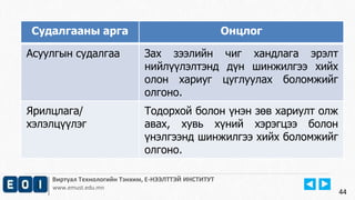 Виртуал Технологийн Тэнхим, Е-НЭЭЛТТЭЙ ИНСТИТУТ 
www.emust.edu.mn 
44 
Судалгааны арга Онцлог 
Асуулгын судалгаа Зах зээлийн чиг хандлага эрэлт 
нийлүүлэлтэнд дүн шинжилгээ хийх 
олон хариуг цуглуулах боломжийг 
олгоно. 
Ярилцлага/ 
хэлэлцүүлэг 
Тодорхой болон үнэн зөв хариулт олж 
авах, хувь хүний хэрэгцээ болон 
үнэлгээнд шинжилгээ хийх боломжийг 
олгоно. 
 