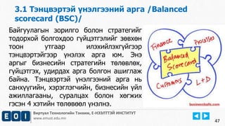 3.1 Тэнцвэртэй үнэлгээний арга /Balanced 
scorecard (BSC)/ 
Виртуал Технологийн Тэнхим, Е-НЭЭЛТТЭЙ ИНСТИТУТ 
www.emust.edu.mn 
47 
Байгуулагын зорилго болон стратегийг 
тодорхой болгохдоо гүйцэтгэлийг зөвхөн 
тоон утгаар илэхийлэхгүйгээр 
тэнцвэртэйгээр үнэлэх арга юм. Энэ 
аргыг бизнесийн стратегийн төлөвлөх, 
гүйцэтгэх, удирдах арга болгон ашиглаж 
байна. Тэнцвэртэй үнэлгээний арга нь 
санхүүгийн, хэрэглэгчийн, бизнесийн үйл 
ажиллагааны, суралцах болон хөгжих 
гэсэн 4 хэтийн төлөвөөл үнэлнэ. 
 