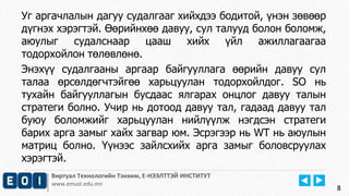 8 
Уг аргачлалын дагуу судалгааг хийхдээ бодитой, үнэн зөвөөр 
дүгнэх хэрэгтэй. Өөрийнхөө давуу, сул талууд болон боломж, 
аюулыг судалснаар цааш хийх үйл ажиллагаагаа 
тодорхойлон төлөвлөнө. 
Энэхүү судалгааны аргаар байгууллага өөрийн давуу сул 
талаа өрсөлдөгчтэйгөө харьцуулан тодорхойлдог. SO нь 
тухайн байгууллагын бусдаас ялгарах онцлог давуу талын 
стратеги болно. Учир нь дотоод давуу тал, гадаад давуу тал 
буюу боломжийг харьцуулан нийлүүлж нэгдсэн стратеги 
барих арга замыг хайх загвар юм. Эсрэгээр нь WT нь аюулын 
матриц болно. Үүнээс зайлсхийх арга замыг боловсруулах 
хэрэгтэй. 
Виртуал Технологийн Тэнхим, Е-НЭЭЛТТЭЙ ИНСТИТУТ 
www.emust.edu.mn 
 