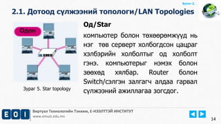 Виртуал Технологийн Тэнхим, Е-НЭЭЛТТЭЙ ИНСТИТУТ
www.emust.edu.mn
Бүлэг-2.
Од/Star
компьютер болон төхөөрөмжүүд нь
нэг төв серверт холбогдсон цацраг
хэлбэрийн холболтыг од холболт
гэнэ. компьютерыг нэмэх болон
зөөхөд хялбар. Router болон
Switch/сэлгэн залгагч алдаа гарвал
сүлжээний ажиллагаа зогсдог.
14
2.1. Дотоод сүлжээний топологи/LAN Topologies
Зураг 5. Star topology
 