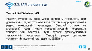 Виртуал Технологийн Тэнхим, Е-НЭЭЛТТЭЙ ИНСТИТУТ
www.emust.edu.mn
Бүлэг-2.
2.2. LAN стандартууд
22
Утасгүй сүлжээ нь тоон үүрэн холбооны технологи, нам
давтамжийн радио технологитой төстэй өндөр давтамжийн
радио технологийг хэрэглэдэг. Утасгүй сүлжээ нь
хязгаартай газар нутагт төхөөрөмжүүдийн хоорондын
холбоог бий болгохын тулд зурвас өргөжүүлэлтийн
технологийг хэрэглэдэг. Утасгүй радио долгионы
технологийн нээлттэй стандарт нь IEEE юм.
Утасгүй LAN/Wireless LAN
 