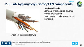 Виртуал Технологийн Тэнхим, Е-НЭЭЛТТЭЙ ИНСТИТУТ
www.emust.edu.mn
Бүлэг-2.
2.3. LAN бүрэлдэхүүн хэсэг/LAN components
28
Кабель/Cable
Дотоод сүлжээнд компьютер
болон сүлжээний
төхөөрөмжүүдийг хооронд нь
холбоно.
Зураг 13. кабельийн төрлүүд
 