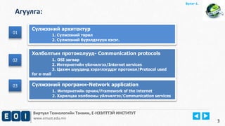Виртуал Технологийн Тэнхим, Е-НЭЭЛТТЭЙ ИНСТИТУТ
www.emust.edu.mn
Бүлэг-1.
Агуулга:
01
02
01
Сүлжээний архитектур
1. Сүлжээний төрөл
2. Сүлжээний бүрэлдэхүүн хэсэг.
Холболтын протоколууд- Communication protocols
1. OSI загвар
2. Интернетийн үйлчилгээ/Internet services
3. Цахим шууданд хэрэглэгддэг протокол/Protocol used
for e-mail
02
3
Сүлжээний программ-Network application
1. Интернетийн орчин/Framework of the internet
2. Харилцаа холбооны үйлчилгээ/Communication services
03
 