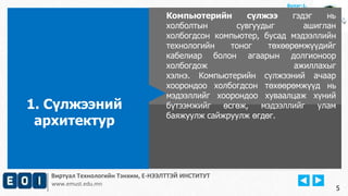 Виртуал Технологийн Тэнхим, Е-НЭЭЛТТЭЙ ИНСТИТУТ
www.emust.edu.mn
Бүлэг-1.
Компьютерийн сүлжээ гэдэг нь
холболтын сувгуудыг ашиглан
холбогдсон компьютер, бусад мэдээллийн
технологийн тоног төхөөрөмжүүдийг
кабелиар болон агаарын долгионоор
холбогдож ажиллахыг
хэлнэ. Компьютерийн сүлжээний ачаар
хоорондоо холбогдсон төхөөрөмжүүд нь
мэдээллийг хоорондоо хуваалцаж хүний
бүтээмжийг өсгөж, мэдээллийг улам
баяжуулж сайжруулж өгдөг.
1. Сүлжээний
архитектур
5
 