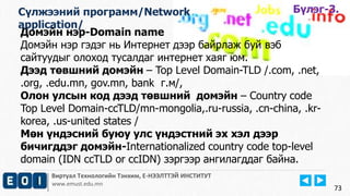 Виртуал Технологийн Тэнхим, Е-НЭЭЛТТЭЙ ИНСТИТУТ
www.emust.edu.mn
Бүлэг-2.
Домэйн нэр-Domain name
Домэйн нэр гэдэг нь Интернет дээр байрлаж буй вэб
сайтуудыг олоход тусалдаг интернет хаяг юм.
Дээд төвшний домэйн – Top Level Domain-TLD /.com, .net,
.org, .edu.mn, gov.mn, bank г.м/,
Олон улсын код дээд төвшний домэйн – Country code
Top Level Domain-ccTLD/mn-mongolia,.ru-russia, .cn-china, .kr-
korea, .us-united states /
Мөн үндэсний буюу улс үндэстний эх хэл дээр
бичигддэг домэйн-Internationalized country code top-level
domain (IDN ccTLD or ccIDN) зэргээр ангилагддаг байна.
73
Бүлэг-3.Сүлжээний программ/Network
application/
 