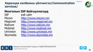 Виртуал Технологийн Тэнхим, Е-НЭЭЛТТЭЙ ИНСТИТУТ
www.emust.edu.mn
Бүлэг-2.
Монголын ISP байгууллагууд
ISP вэб сайт
Micom http://www.micom.mn
Magicnet http://www.magicnet.mn
Railcom http://www.railcom.mn
Mobinet http://www.mobinet.mn
Univision http://www.univision.mn
Skymedia http://www.skymedia.mn
80
Харилцаа холбооны үйлчилгээ/Communication
services/
 