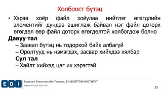 Холбоост бүтэц 
• Хэрэв хоёр файл хоёулаа нийтлэг өгөгдлийн 
элементийг дундаа ашиглаж байвал нэг файл доторх 
өгөгдөл өөр файл доторх өгөгдөлтэй холбогдож болно 
Давуу тал 
Виртуал Технологийн Тэнхим, Е-НЭЭЛТТЭЙ ИНСТИТУТ 
www.emust.edu.mn 
25 
– Заавал бүтэц нь тодорхой байх албагүй 
– Оролтууд нь нэмэгдэх, засвар хийхдээ хялбар 
Сул тал 
– Хайлт хийхэд цаг их хэрэгтэй 
 