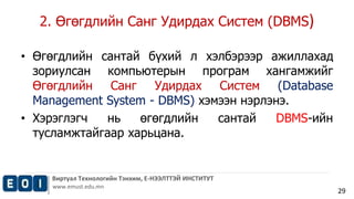 2. Өгөгдлийн Санг Удирдах Систем (DBMS) 
Виртуал Технологийн Тэнхим, Е-НЭЭЛТТЭЙ ИНСТИТУТ 
www.emust.edu.mn 
29 
• Өгөгдлийн сантай бүхий л хэлбэрээр ажиллахад 
зориулсан компьютерын програм хангамжийг 
Өгөгдлийн Санг Удирдах Систем (Database 
Management System - DBMS) хэмээн нэрлэнэ. 
• Хэрэглэгч нь өгөгдлийн сантай DBMS-ийн 
тусламжтайгаар харьцана. 
 