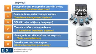 Агуулга: 
03 SQL (Structured Query Language) 
Е-Нээлттэй Институт 
www.emust.edu.mn 
01 
01 
02 
Өгөгдлийн сан, Өгөгдлийн сангийн бүтэц 
/Database ,Database structure/ 
Өгөгдлийн сангийн удирдах систем 
/DataBase Management System/ 
02 
Уялдаа холбоот өгөгдлийн сан 
/ Relational Database System/ 
05 
Өгөгдлийг энгийн хэлбэрт шилжүүлэх 
/Data normalization/ 
04 
Онлайн өгөгдөл дамжуулалт 
/Online transaction processing/ 06 
 