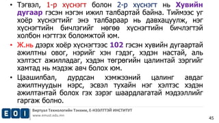 Виртуал Технологийн Тэнхим, Е-НЭЭЛТТЭЙ ИНСТИТУТ 
www.emust.edu.mn 
45 
• Тэгвэл, 1-р хүснэгт болон 2-р хүснэгт нь Хувийн 
дугаар гэсэн нэгэн ижил талбартай байна. Тиймээс уг 
хоёр хүснэгтийг энэ талбараар нь давхацуулж, нэг 
хүснэгтийн бичлэгийг нөгөө хүснэгтийн бичлэгтэй 
холбон нэгтгэх боломжтой юм. 
• Ж.нь дээрх хоёр хүснэгтээс 102 гэсэн хувийн дугаартай 
ажилтны овог, нэрийг хэн гэдэг, хэдэн настай, аль 
хэлтэст ажилладаг, хэдэн төгрөгийн цалинтай зэргийг 
хамтад нь мэдэж авч болох юм. 
• Цаашилбал, дурдсан хэмжээний цалинг авдаг 
ажилтнуудын нэрс, эсвэл тухайн нэг хэлтэс хэдэн 
ажилтантай болох гэх зэрэг шаардлагатай мэдээллийг 
гаргаж болно. 
 