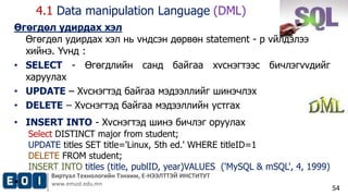 Виртуал Технологийн Тэнхим, Е-НЭЭЛТТЭЙ ИНСТИТУТ 
www.emust.edu.mn 
54 
Өгөгдөл удирдах хэл 
Өгөгдөл удирдах хэл нь vндсэн дөрвөн statement - р vйлдэлээ 
хийнэ. Yvнд : 
• SELECT - Өгөгдлийн санд байгаа хvснэгтээс бичлэгvvдийг 
харуулах 
• UPDATE – Хvснэгтэд байгаа мэдээллийг шинэчлэх 
• DELETE – Хvснэгтэд байгаа мэдээллийн устгах 
• INSERT INTO - Хvснэгтэд шинэ бичлэг оруулах 
Select DISTINCT major from student; 
UPDATE titles SET title='Linux, 5th ed.' WHERE titleID=1 
DELETE FROM student; 
INSERT INTO titles (title, publID, year)VALUES ('MySQL & mSQL', 4, 1999) 
• 
. 
4.1 Data manipulation Language (DML) 
 