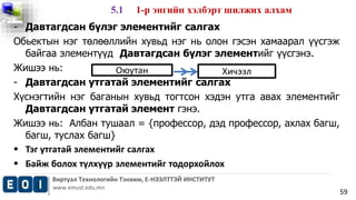 Оюутан Хичээл 
Виртуал Технологийн Тэнхим, Е-НЭЭЛТТЭЙ ИНСТИТУТ 
www.emust.edu.mn 
59 
5.1 1-р энгийн хэлбэрт шилжих алхам 
- Давтагдсан бүлэг элементийг салгах 
Обьектын нэг төлөөллийн хувьд нэг нь олон гэсэн хамаарал үүсгэж 
байгаа элементүүд Давтагдсан бүлэг элементийг үүсгэнэ. 
Жишээ нь: 
- Давтагдсан утгатай элементийг салгах 
Хүснэгтийн нэг баганын хувьд тогтсон хэдэн утга авах элементийг 
Давтагдсан утгатай элемент гэнэ. 
Жишээ нь: Албан тушаал = {профессор, дэд профессор, ахлах багш, 
багш, туслах багш} 
 Тэг утгатай элементийг салгах 
 Байж болох түлхүүр элементийг тодорхойлох 
 