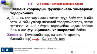 Виртуал Технологийн Тэнхим, Е-НЭЭЛТТЭЙ ИНСТИТУТ 
www.emust.edu.mn 
61 
5.2 2-р энгийн хэлбэрт шилжих алхам 
- Элемент хоорондын функциональ хамаарлыг 
тодорхойлох 
А, В, ... нь нэг харьцааны элементүүд байх үед В-ийн 
утга А-гийн утгаар ялгаатай тодорхойлогдох, эсвэл 
эсрэгээр А нь В-г бүрэн тодорхойлж чадаж байвал 
В нь А-аас функциональ хамааралтай байна. 
Жишээ нь: {Хичээлийн нэр, хичээлийн кредит, 
багшийн нэр} Хичээлийн код 
61 
 