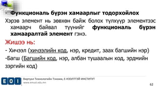 - Функциональ бүрэн хамаарлыг тодорхойлох 
Хэрэв элемент нь зөвхөн байж болох түлхүүр элементээс 
хамаарч байвал түүнийг функциональ бүрэн 
хамааралтай элемент гэнэ. 
Жишээ нь: 
- Хичээл (хичээлийн код, нэр, кредит, заах багшийн нэр) 
-Багш (Багшийн код, нэр, албан тушаалын код, эрдмийн 
зэргийн код) 
Виртуал Технологийн Тэнхим, Е-НЭЭЛТТЭЙ ИНСТИТУТ 
www.emust.edu.mn 
62 
 