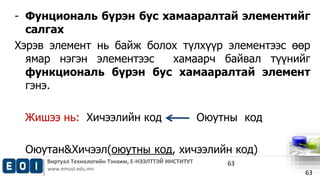 - Фунциональ бүрэн бус хамааралтай элементийг 
салгах 
Хэрэв элемент нь байж болох түлхүүр элементээс өөр 
ямар нэгэн элементээс хамаарч байвал түүнийг 
функциональ бүрэн бус хамааралтай элемент 
гэнэ. 
Виртуал Технологийн Тэнхим, Е-НЭЭЛТТЭЙ ИНСТИТУТ 
www.emust.edu.mn 
63 
Жишээ нь: Хичээлийн код Оюутны код 
Оюутан&Хичээл(оюутны код, хичээлийн код) 
63 
 