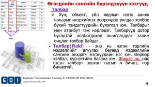 Өгөгдлийн сангийн бүрэлдэхүүн хэсгүүд 
Талбар 
 Хүн, обьект, үйл явдлын нэгж шинж 
чанарыг илэрхийлэх хоорондоо уялдаа холбоо 
бүхий тэмдэгтүүдийн бүлэглэл юм. Талбарыг 
мөн атрибут гэж нэрлэдэг. Талбарууд дотор 
бусадтай холбогдоход ашиглагддаг зарим 
онцлог талбар байдаг. 
 Талбар(Field) - энэ нь нэгэн төрлийн 
мэдээллийг агуулах бөгөөд мэдээллийн 
сангийн анхдагч нэгжүүдийн нэг юм. Өөрөөр 
хэлбэл, хүснэгтийн багана юм. Жишээ нь: нас 
гэсэн талбарт зөвхөн насыг л бичнэ, нэр 
бичихгүй. 
Виртуал Технологийн Тэнхим, Е-НЭЭЛТТЭЙ ИНСТИТУТ 
www.emust.edu.mn 
9 
 