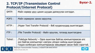 Виртуал Технологийн Тэнхим, Е-НЭЭЛТТЭЙ ИНСТИТУТ
www.emust.edu.mn
2. TCP/IP (Transmission Control
Protocol/Internet Protocol)
Бүлэг-2.
SMTP: Мэйл сервер уруу цахим шуудан дамжуулан илгээдэг.
POP3 : Мэйл серверээс захиа харуулна.
HTTP : /Hyper Text Transfer Protocol/ - Вэб хуудаснуудад ашиглагддаг.
FTP : /File Transfer Protocol/ - Файл оруулах, татахад ашиглагдана
Telnet : /Teletype Network/ – Одоо ашиглаж байгаа компьютераасаа алс
хол байгаа компьютерт нэвтрэн үйлдэл хийхэд ашиглагддаг.
Гэхдээ холбогдох компьютераасаа зөвшөөрөл авсан байх хэрэгтэй.
 