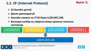 Виртуал Технологийн Тэнхим, Е-НЭЭЛТТЭЙ ИНСТИТУТ
www.emust.edu.mn
 32 битийн урттай
 Дахин давтагдахгүй
 Хаягийн хэмжээ нь 2^32 буюу 4,294,967,296
 Бичигдэх хэлбэр нь хоёртын юмуу аравтын тооллын
системээр
10000000 00001001 10010000 10000011
128.9.144.125
2.2. IP (Internet Protocol) Бүлэг-2.
 