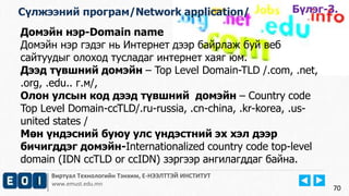 Виртуал Технологийн Тэнхим, Е-НЭЭЛТТЭЙ ИНСТИТУТ
www.emust.edu.mn
Домэйн нэр-Domain name
Домэйн нэр гэдэг нь Интернет дээр байрлаж буй веб
сайтуудыг олоход тусладаг интернет хаяг юм.
Дээд түвшний домэйн – Top Level Domain-TLD /.com, .net,
.org, .edu.. г.м/,
Олон улсын код дээд түвшний домэйн – Country code
Top Level Domain-ccTLD/.ru-russia, .cn-china, .kr-korea, .us-
united states /
Мөн үндэсний буюу улс үндэстний эх хэл дээр
бичигддэг домэйн-Internationalized country code top-level
domain (IDN ccTLD or ccIDN) зэргээр ангилагддаг байна.
70
Бүлэг-3.Сүлжээний програм/Network application/
 
