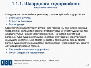 1.1.1. Шаардлага тодорхойлох 
Requirements definition 
Виртуал Технологийн Тэнхим, Е-НЭЭЛТТЭЙ ИНСТИТУТ 
www.emust.edu.mn 
14 
• Шаардлагын тодорхойлох үе шатанд дараах зүйлсийг тодорхойлно. 
• Системийн агуулга, 
• Гүйцэтгэх функцууд, 
• Гаргах үр дүн 
• Хэрэглэгчийн хүсэлтүүдийг хүлээн авч тэдгээр нь технологийн хувьд 
програмчлах боломжтой эсэхийг судлаж үзээд уг хүсэлтүүдийг хангах 
шаардлагуудыг нарийвчлан тодорхойлно. Чанартай систем бий 
болгохын тулд тухайн системийг хэрэглэх бүх төрлийн хэрэглэгчдийг 
хамруулах хэрэгтэй. Энэ алхам нь систем зохиомжлох анхны алхам 
бөгөөд тухайн систем амжилттай болох эсэхэд чухал нөлөөтэй. Энэ үе 
шат дараах 2 хэсгээс тогтоно. 
• Системийн шаардлага тодорхойлох 
• ПХ-ын шаардлага тодорхойлох 
 