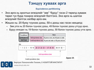 Тэнцүү хуваах арга 
Equivalence partitioning 
Виртуал Технологийн Тэнхим, Е-НЭЭЛТТЭЙ ИНСТИТУТ 
www.emust.edu.mn 
32 
• Энэ арга нь оролтын өгөгдлийг “зөв” “буруу” гэсэн 2 төрөлд хувааж 
төрөл тус бүрд тохирох өгөгдлийг бэлтгэнэ. Энэ арга нь шалгах 
өгөгдлийг бэлтгэх хялбар арга юм. 
• Жишээ нь: 20 буюу түүнээс дээш, 50-с доош нас гэсэн нөхцөлд: 
– Зөв утга нь 20 болон түүнээс дээш, 49 болон түүнээс доош утгууд орно. 
– Буруу өгөгдөл нь 19 болон түүнээс доош, 50 болон түүнээс дээш утга орно. 
Зураг 23. 
 