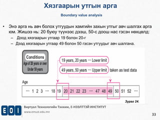 Хязгаарын утгын арга 
Boundary value analysis 
Виртуал Технологийн Тэнхим, Е-НЭЭЛТТЭЙ ИНСТИТУТ 
www.emust.edu.mn 
33 
• Энэ арга нь авч болох утгуудын хамгийн захын утгыг авч шалгах арга 
юм. Жишээ нь: 20 буюу түүнээс дээш, 50-с доош нас гэсэн нөхцөлд: 
– Доод хязгаарын утгаар 19 болон 20-г 
– Дээд хязгаарын утгаар 49 болон 50 гэсэн утгуудыг авч шалгана. 
Зураг 24. 
 