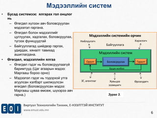 Нийлүүлэгч Хэрэглэгч 
Виртуал Технологийн Тэнхим, Е-НЭЭЛТТЭЙ ИНСТИТУТ 
www.emust.edu.mn 
6 
Мэдээллийн систем 
• Бусад системээс ялгарах гол онцлог 
нь 
– Өгөгдөл хүлээн авч боловсруулан 
мэдээлэл гаргана. 
– Өгөгдөл болон мэдээллийг 
цуглуулах, хадгалах, боловсруулах, 
түгээх функцуудтай 
– Байгууллагад шийдвэр гаргах, 
удирдах, хяналт тавихад 
ашиглагдана. 
• Өгөгдөл, мэдээллийн ялгаа 
– Өгөгдөл гэдэг нь боловсруулаагүй 
баримтууд (Цаг агаарын мэдээ: 
Маргааш бороо орно) 
– Мэдээлэл гэдэг нь тодорхой утга 
агуулсан хэлбэрт шилжүүлсэн 
өгөгдөл (Боловсруулсан мэдээ: 
Маргааш цуваа өмсөж, шүхэрээ авч 
гарна.) 
Мэдээллийн системийн орчин 
Байгууллага 
Мэдээллийн систем 
Оролт Боловсруулах Гаралт 
Буцах холбоо 
ЗГ, агентлаг Хувьцаа 
эзэмшигч 
Өрсөлдөгч 
Зураг 3. 
 