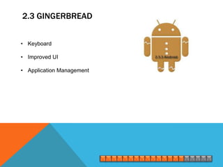 2.3 GINGERBREAD


• Keyboard

• Improved UI

• Application Management
 