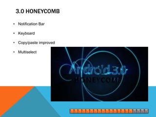 3.0 HONEYCOMB
• Notification Bar

• Keyboard

• Copy/paste improved

• Multiselect
 